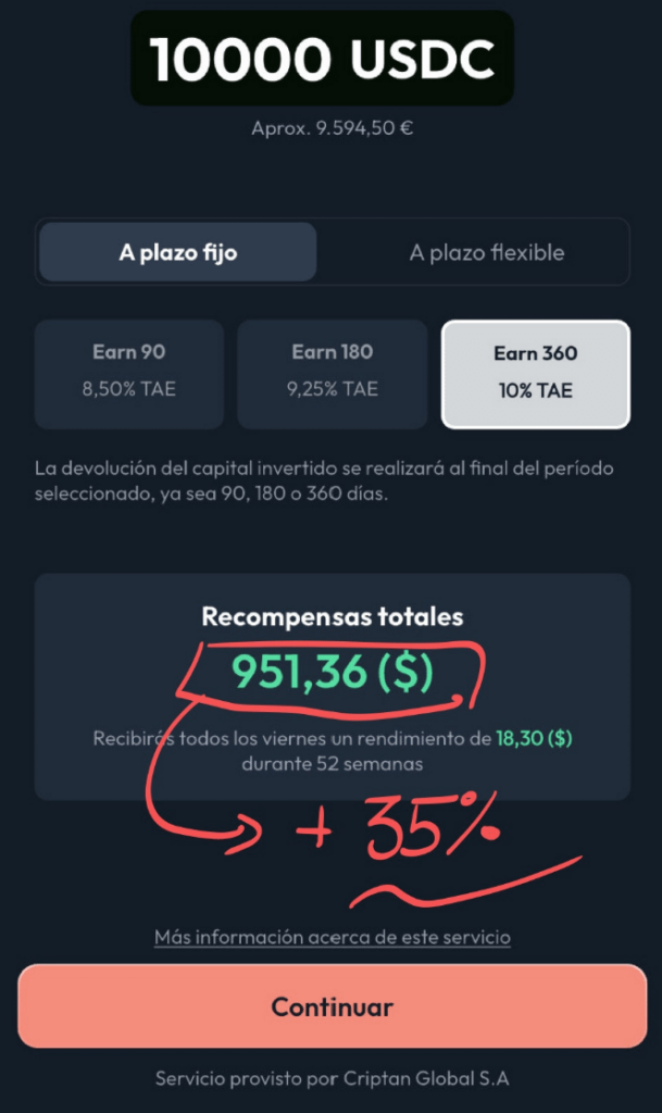 Ejemplo código descuento Criptan Friends con Earn